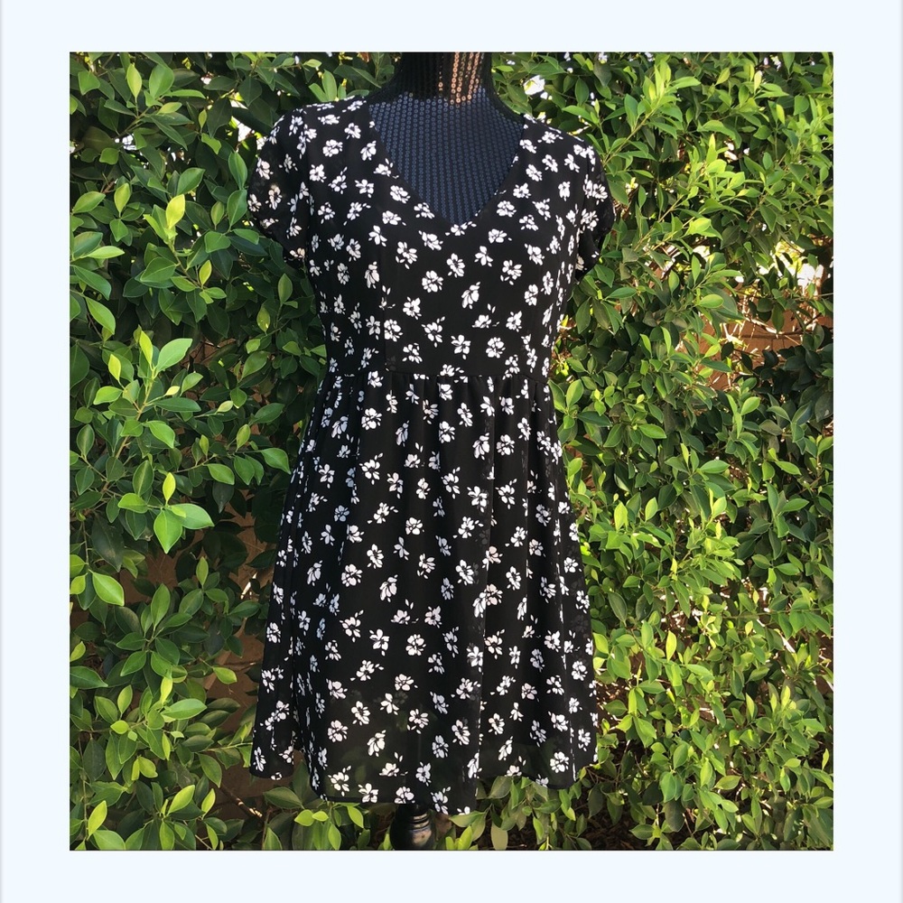 Black Floral dress mid length V-neck